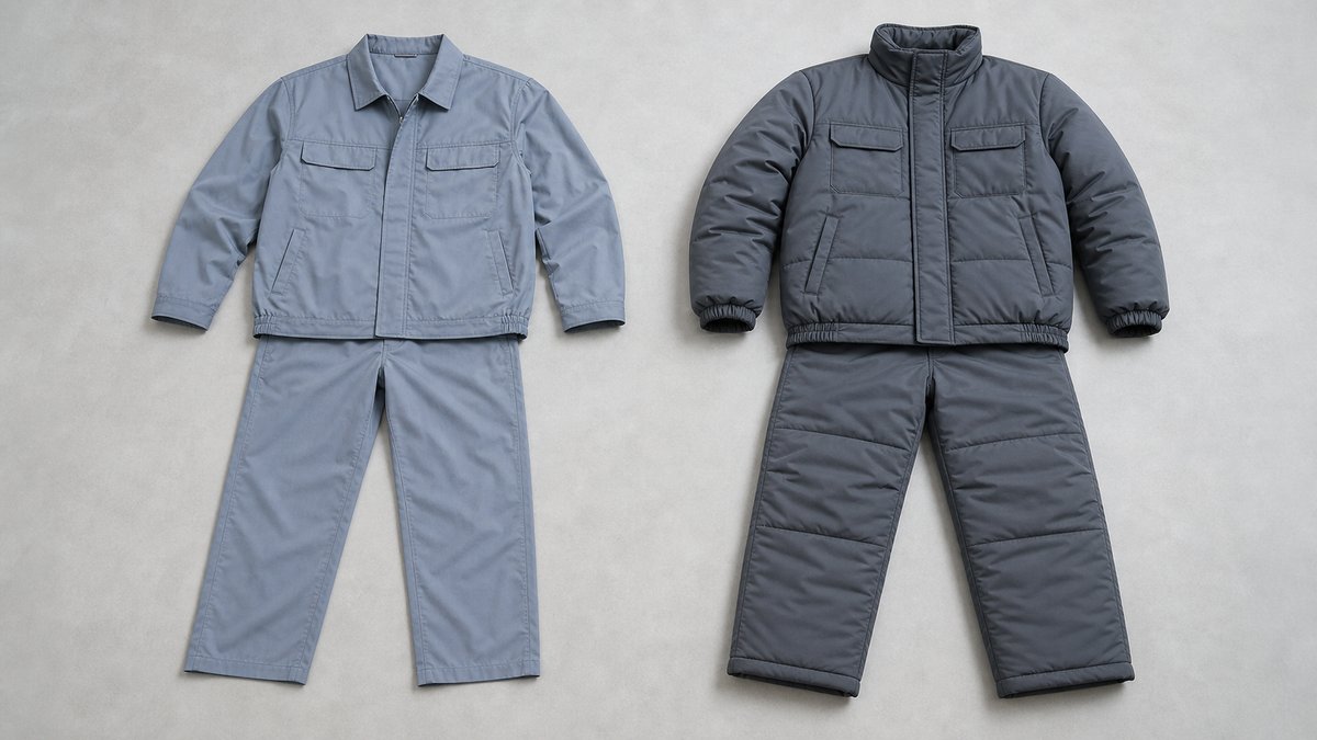 薄手の夏用作業服と中綿入りの冬用防寒作業服を並べて比較