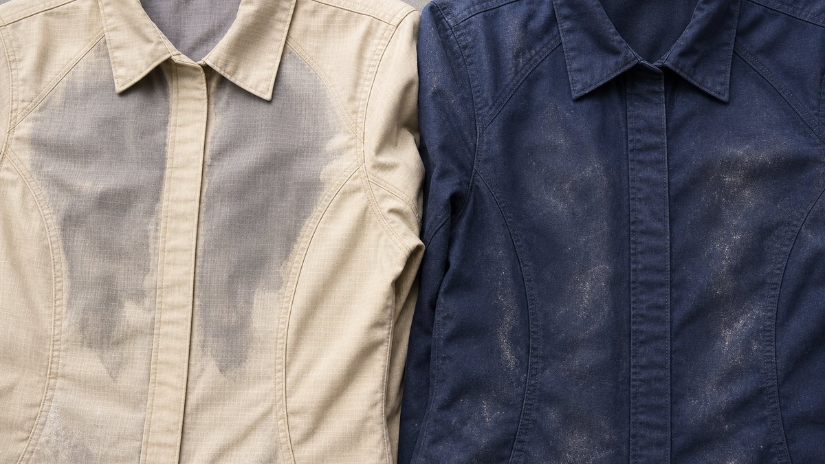 淡色と濃色の作業服生地で透けや汚れの見え方を比べる接写