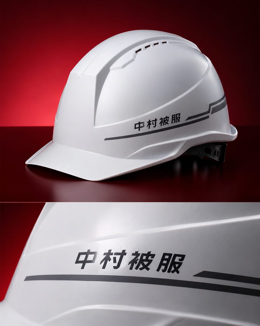 社名プリント入りの白い安全ヘルメット