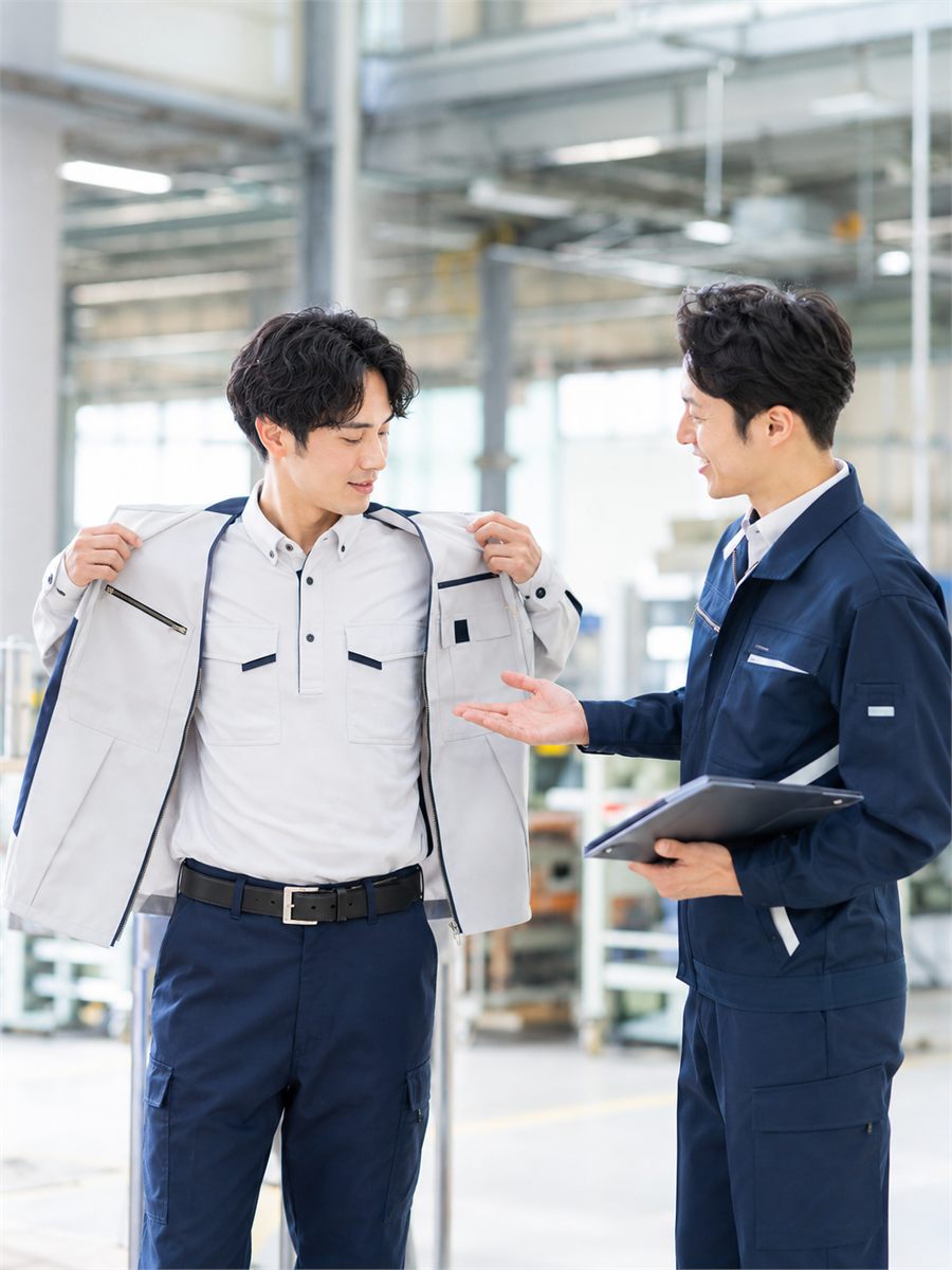 工場の現場で、担当者が作業服のサンプルをお客様に合わせながら提案している様子